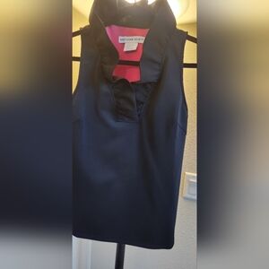 GRETCHEN SCOTT Elegant Black Sleeveless Shirt with STAND UP RUFFLED COLLAR.